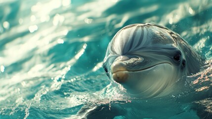 Dolphin surfacing in turquoise water, looking directly at the camera.