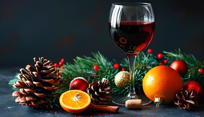 Wall Mural - Festive red wine scene adorned with pine cones, oranges, and Christmas ornaments against a rich dark backdrop