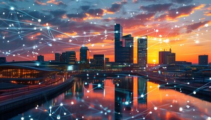 Wall Mural - Futuristic urban skyline at sunset enhanced by digital network overlay, symbolizing global connectivity and advanced technological integration in city life