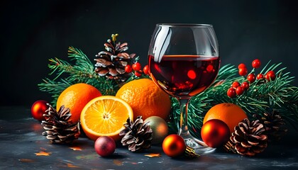 Wall Mural - Festive red wine scene adorned with pine cones, oranges, and Christmas ornaments against a rich dark backdrop