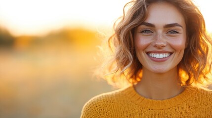 This image captures a woman under the golden autumn sun, her short curly hair and vibrant smile suggesting a harmonious connection with the warm environment.