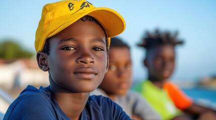 A young boy wearing a yellow cap sits outdoors with two friends, all enjoying a sunny day. They appear calm and relaxed, capturing the essence of childhood camaraderie.