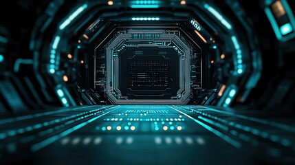 Poster - Futuristic sci-fi corridor with glowing lights and advanced technology, perfect for conceptual designs and digital art.