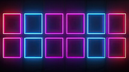 Aufkleber - Neon light grid on a dark background with colorful glowing squares. Technology background