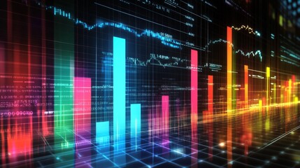 Poster - A 3D financial bar chart with vibrant colors rising against a futuristic digital background, symbolizing business growth and success.