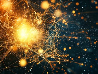 Fototapete - A vibrant explosion of yellow particles radiates outward, forming a luminous sphere of energy. This striking display occurs against a rich, dark cosmic background, suggesting movement and dynamism.