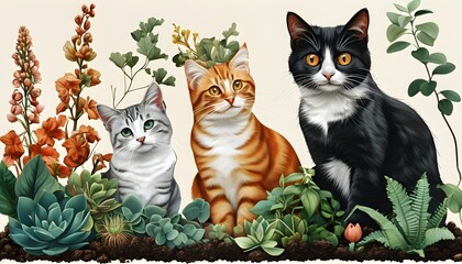 Wall Mural - whimsical arrangement of cats and various plants in a playful botanical scene