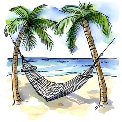 Wall Mural - Watercolor Illustration of a Hammock Between Palm Trees on a Beach.