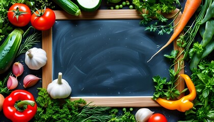 Wall Mural - Freshly Harvested Vegetables and Aromatic Herbs on a Blackboard Canvas