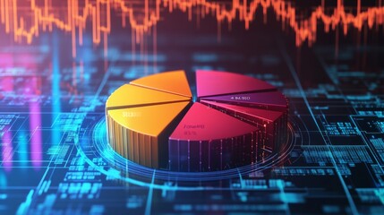 Fototapete - A 3D pie chart with distinct sections in bold, contrasting colors, each labeled with financial figures, set against a digital, high-tech background