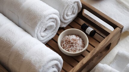 Spa Treatment Essentials  A wooden tray with two rolled white towels, a small bowl of pink Himalayan salt, and a bottle of essential oil.