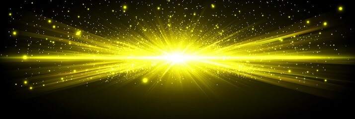 Poster - A mesmerizing explosion of yellow particles radiates energy, scattering outward in a dazzling wave of light. This cosmic burst creates an enchanting spectacle against a black background.