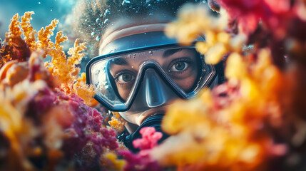 Scuba Diver Exploring Coral Reef with Vibrant Marine Life