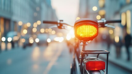 A striking image showing the rear view of bicycles with red tail lights glowing brightly, set in an urban environment, capturing the essence of city commuting at dusk.