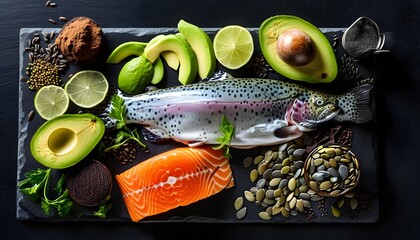 Wall Mural - Gourmet assortment of fresh trout, ripe avocado, dark chocolate, and assorted seeds on dark slate surface