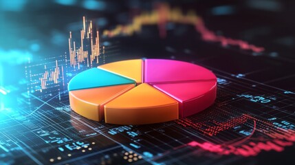Poster - A 3D pie chart with distinct sections in bold, contrasting colors, each labeled with financial figures, set against a digital, high-tech background
