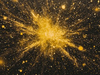 Poster - A vibrant explosion of yellow particles bursts forth, illuminating the dark cosmos with radiant energy and light, radiating outward in a stunning display of cosmic intensity.