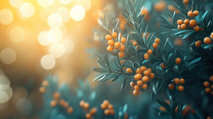 Wall Mural - Closeup of Green Leaves and Orange Berries in Sunlight