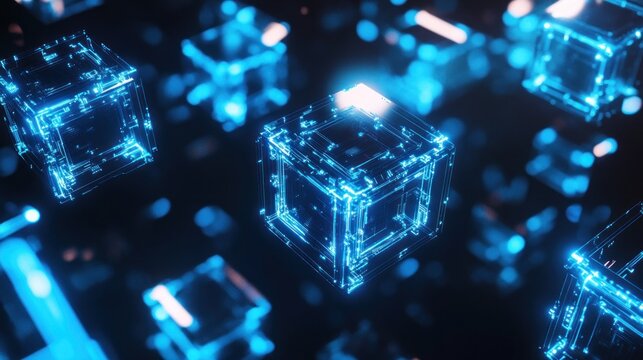 A digital representation of glowing, interconnected cubes in a futuristic environment.