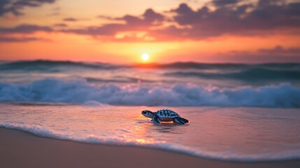 Aufkleber - A baby sea turtle emerging from its nest on the beach, heading towards the ocean with a backdrop of a picturesque sunrise and gentle waves.