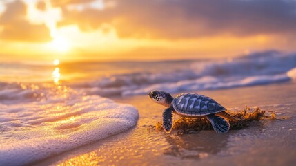 Aufkleber - A baby sea turtle emerging from its nest on the beach, heading towards the ocean with a backdrop of a picturesque sunrise and gentle waves.