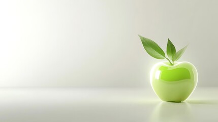 Wall Mural - A Shiny Green Apple with Leaves on a White Background