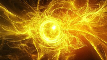 Aufkleber - An intense eruption of yellow particles bursts from the center, scattering brilliantly across the darkness. Bright trails and glowing dust create a dynamic and energetic spectacle.