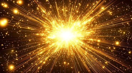 Fototapete - An intense eruption of yellow particles bursts forth from the core, scattering in vibrant trails across the dark backdrop, radiating cosmic energy and potential.