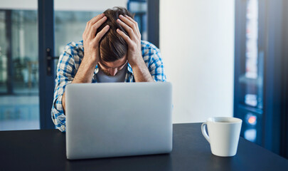 Fototapete - Man, burnout and laptop in office for programming, networking error and glitch in system. Programmer, stress and computer in server room with headache, brain fog or mistake in code with website crash