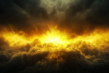 Poster - A vibrant burst of yellow particles radiates outward, illuminating the surrounding black space. The dynamic energy creates an awe-inspiring, imaginative spectacle, reminiscent of cosmic phenomena.