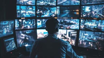 Poster - A person monitors multiple screens displaying urban night scenes, suggesting surveillance or analysis.