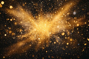 Aufkleber - A vibrant burst of yellow particles radiates from a central point, creating a captivating spectacle of glowing dust and energetic trails against a deep black backdrop.