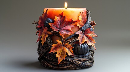 Canvas Print - A burning orange candle with autumn leaves and pumpkins on a vine base.