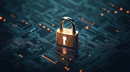 Poster - A golden padlock stands on a circuit board, symbolizing digital security and protection in a high-tech environment.