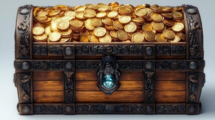 Wall Mural - ornate treasure chest overflowing with golden coins and jewels intricate carved details on box dramatic lighting highlighting metallic sheen isolated on pristine white background