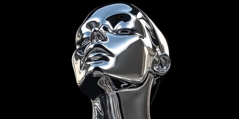 A striking chrome sculpture of a human face, with smooth, reflective surfaces capturing light and shadow. The artwork blends futuristic design with elegance.