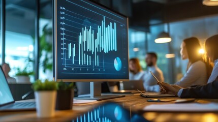 Wall Mural - Business people analyzing graphs and charts on a computer screen during a meeting.