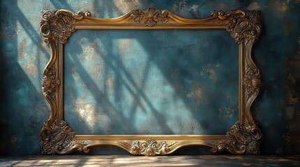 ornate vintage gold frame with intricate baroque details and scrollwork casting dramatic shadows on a textured wall