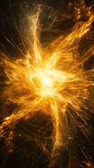 Aufkleber - A dynamic display of yellow particles bursts forth, creating a radiant wave of energy that scatters outward, illuminating the darkness of space with vibrant bursts.