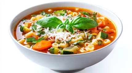 A bowl of Italian minestrone soup filled with vegetables and pasta, garnished with fresh basil and Parmesan, served on a white background for a clean presentation.