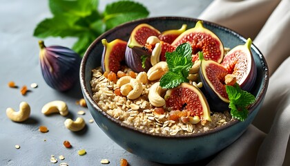 Wall Mural - Nutritious oatmeal bowl adorned with fresh figs, crunchy cashews, and a mint sprig for a delightful morning boost