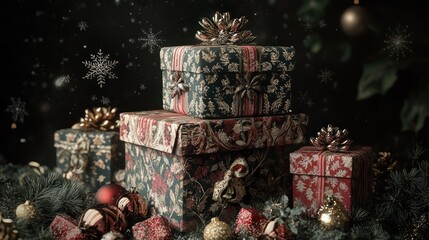 Wall Mural - A festive arrangement of beautifully wrapped gifts surrounded by holiday decorations.