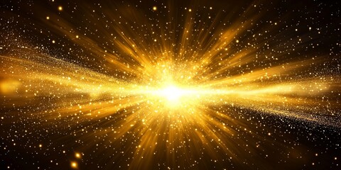 Poster - A radiant yellow explosion unfolds with a glowing core at its center, sending particles shooting outward, forming a powerful wave of light and energy across the cosmos.
