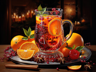 Wall Mural - Extraordinary Glass of mulled wine with ingredients on a wooden table