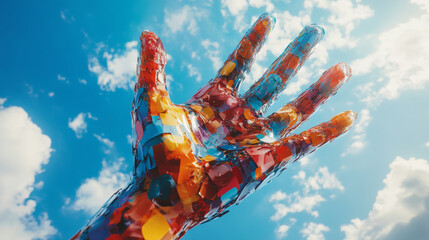 Wall Mural - giant multicolored hand reaches down from bright blue sky, surrounded by fluffy white clouds, creati