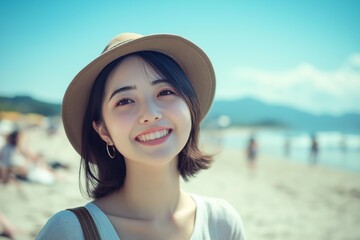 happy young Asian teenage girl smiling at beach on sunny day summertime, cheerful holiday vibes