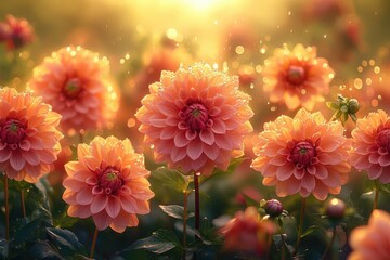 panoramic view of lush dahlia garden at sunset raindrops glistening on vibrant petals rustic elements and golden light create a romantic enchanting atmosphere