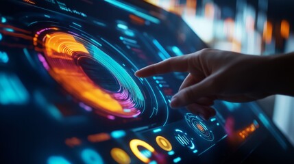 Aufkleber - A business professional pointing at a holographic 3D pie chart displaying vibrant, segmented data on a futuristic screen with financial indicators