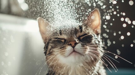 Poster - A cat being bathed with a shower spray, with water droplets flying around and a bath mat underneath, highlighting the playful yet essential pet care routine.