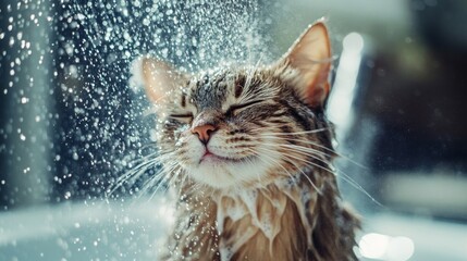Poster - A cat being bathed with a shower spray, with water droplets flying around and a bath mat underneath, highlighting the playful yet essential pet care routine.
